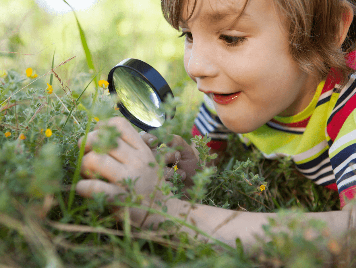 boy looking through magnifying glass